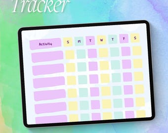 May include: A digital daily habit tracker on a tablet screen. The tracker has a list of activities and a grid for each day of the week. The grid is color-coded with yellow, light blue, and purple squares.