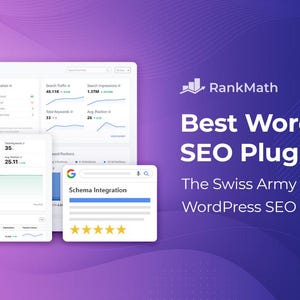 Peut inclure: Image promotionnelle pour RankMath, un plugin SEO WordPress. L'image présente un fond dégradé violet et bleu avec le texte "Best WordPress SEO Plugin" et "The Swiss Army Knife of WordPress SEO". Plusieurs graphiques et tableaux sont affichés.