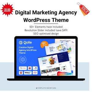 Puede incluir: Una computadora portátil muestra un tema de WordPress para una agencia de marketing digital. La pantalla presenta varios diseños de sitios web con el texto "Qolle Creative Digital Agency WordPress Theme". La imagen incluye el texto "50+ Elements have included" y "SEO optimised design".