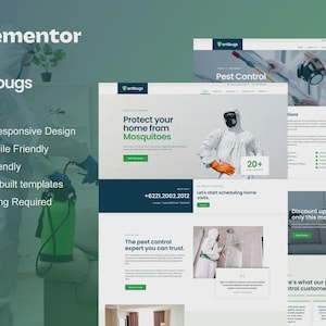 Può includere: Design del sito web per servizi di controllo dei parassiti, con una combinazione di colori verde e bianco. Il design presenta il nome dell'azienda "antibugs" e mette in evidenza il design reattivo, l'ottimizzazione SEO e i modelli predefiniti.