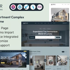 May include: A promotional image for a real estate WordPress theme. The design showcases website mockups on various devices, including a phone and desktop. The theme highlights features like a unique home page, WooCommerce integration, and 24/7 online support.