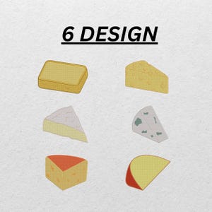 May include: Illustration of six different cheese designs. The cheeses are yellow, white, and gray, with some having red accents. The text "6 DESIGN" is above the cheese illustrations.