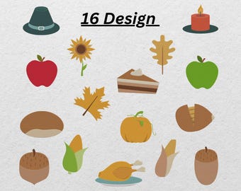 May include: A collection of 16 fall-themed designs. The designs include a green hat, a red apple, a sunflower, a slice of pie, a green apple, a chestnut, a yellow leaf, a pumpkin, a corn, a roasted chicken, and acorns.