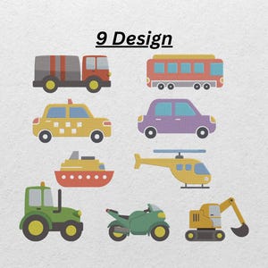 Lot de motifs de broderie pour les transports – 9 fichiers de broderie machine de véhicule pour projets d'enfants – voiture, camion, hélicoptère et plus