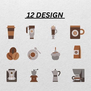 Könnte beinhalten: Illustration mit 12 Kaffeemotiven. Die Designs umfassen Kaffeetassen, Kaffeebohnen, eine Kaffeemaschine und eine Kaffeemühle. Der Text "12 DESIGN" steht oben. Die Farbpalette ist braun, grau und weiß.