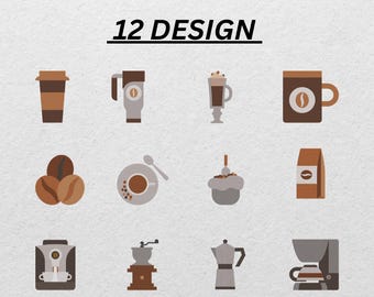 Puede incluir: Ilustración con 12 diseños relacionados con el café. Los diseños incluyen tazas de café, granos de café, una cafetera y un molinillo de café. El texto "12 DESIGN" está en la parte superior. La paleta de colores es marrón, gris y blanco.