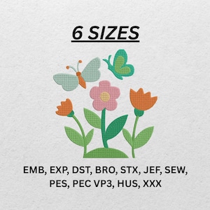 May include: A colorful floral embroidery design featuring two butterflies, two orange tulips, and a pink flower. The text "6 SIZES" is above the design, and below are embroidery file formats: EMB, EXP, DST, BRO, STX, JEF, SEW, PES, PEC VP3, HUS, XXX.