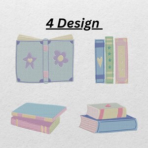 May include: An image featuring four different book designs. The designs include an open book with a star and flower, three standing books with hearts and stars, and two stacks of books. The text "4 Design" is at the top.