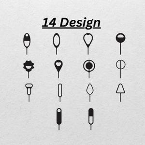 May include: A collection of 14 black SIM card ejector tool designs arranged in a grid. Each tool features a unique head shape, including circles, hearts, and geometric outlines, all attached to a thin, straight metal pin for opening SIM trays.