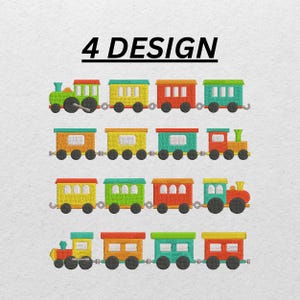 Könnte beinhalten: Gestickte Zugdesigns in Grün, Gelb, Orange und Rot. Das Bild zeigt vier verschiedene Zugdesigns, jeweils mit einer Lokomotive und mehreren Waggons. Der Text "4 DESIGN" befindet sich über den Zügen.
