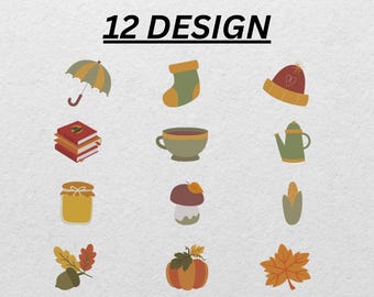 Herbst-Stickerei-Paket – 12 gemütliche Herbst Maschinenstickmotive | Kürbis, Blatt, Hut, Bücher, Becher, Eichel
