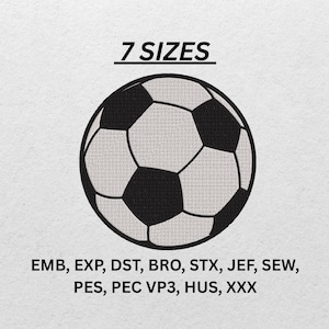 May include: A soccer ball design with black and white panels. The text "7 SIZES" is above the ball. Below the ball are embroidery file formats: EMB, EXP, DST, BRO, STX, JEF, SEW, PES, PEC VP3, HUS, and XXX.