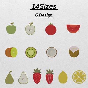 Puede incluir: Ilustraciones de frutas coloridas y planas, que incluyen manzanas, tomates, kiwis, cocos, peras, fresas y limones. El texto "14 Sizes" y "6 Design" se muestra encima de la fruta.