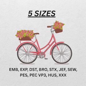 Blumen Fahrrad Stickmuster - Vintage Fahrrad mit Blumenkorb-Digital-Muster für Frühling, Garten und Sommer Projekte