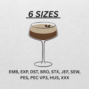 Disegno per ricamo Espresso Martini – File per ricamo a macchina per cocktail al caffè – Disegno per drink da bar – Download immediato