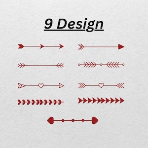 May include: Nine different arrow designs in a deep red color are displayed on a white background. The designs include arrows, hearts, and leaf-like elements. The text "9 Design" is above the designs in a bold, black font.