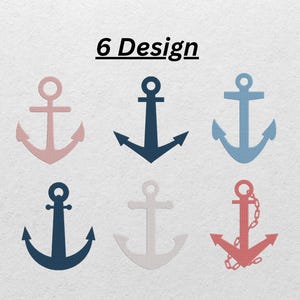 May include: Six anchor designs in various colors, including pink, navy, and light blue, are displayed. The text "6 Design" is above the anchors. The anchors are a nautical theme.