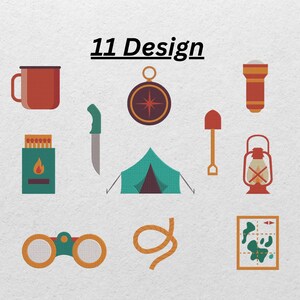 May include: An illustration featuring camping and outdoor adventure icons. Includes a compass, tent, lantern, binoculars, map, and other camping essentials. The text "11 Design" is at the top.