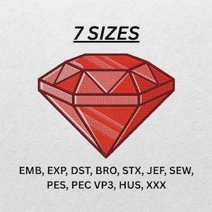 Puede incluir: Un diamante rojo con un diseño facetado. El texto "7 SIZES" está encima del diamante. Debajo están los formatos de archivo de bordado: EMB, EXP, DST, BRO, STX, JEF, SEW, PES, PEC VP3, HUS, XXX.