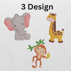 Jungle Animal Embroidery Design Set – Elephant Giraffe Monkey Machine Embroidery Files – Baby and Kids Digital Download