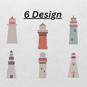 May include: Six lighthouse designs in various colours, including red, beige, and blue. Each lighthouse has a distinct shape and style, with the text "6 Design" above the images.