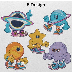 Space Embroidery Design Set | 5 Cool Planet & Star Machine Embroidery Files | Cartoon Solar System Characters | Instant Download