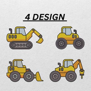 Op de afbeelding: Vier ontwerpen van gele bouwmachines worden getoond op een witte achtergrond. De ontwerpen omvatten een graafmachine, een tractor, een wiellader en een graafmachine. De tekst "4 DESIGN" staat boven de afbeeldingen.