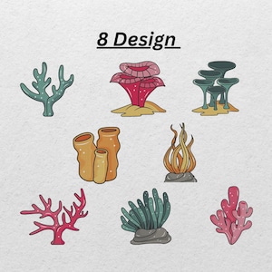 May include: An illustration showcasing eight coral reef designs. The designs are in various shapes and colours, including red, green, and yellow. The text "8 Design" is at the top of the image.