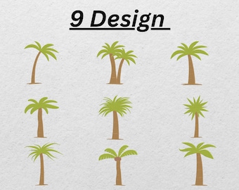 May include: Nine different palm tree designs in shades of green and brown are displayed on a white background. The text "9 Design" is above the palm tree illustrations. The palm trees vary in shape and style, with some featuring multiple trunks and others with a single trunk.