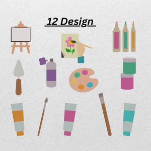 May include: An illustration of 12 design elements for art projects. The image includes an easel, paint tubes, paintbrushes, a palette, spray paint, and markers. The text "12 Design" is displayed at the top.
