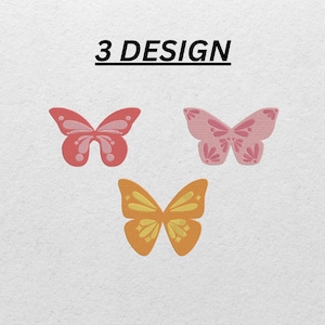 May include: Three butterfly designs in shades of pink and orange are displayed against a white background. The text "3 DESIGN" is above the butterflies. The butterflies have intricate patterns and are likely decorative elements.