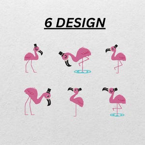 Conjunto de bordado de flamingo – 6 flamingos de cartola – aplique de pássaro rosa – arquivos de bordado digital à máquina