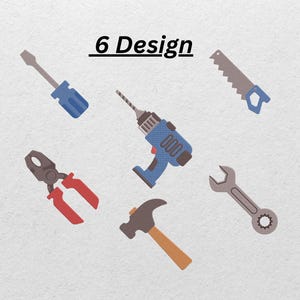 Peut inclure: Illustration de six outils : un tournevis, une perceuse, une scie, une pince, un marteau et une clé. Les outils sont de différentes couleurs, dont le bleu, le rouge, le gris et le marron. Le texte "6 Design" est en haut.
