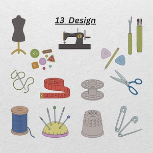 May include: An illustration of sewing tools and accessories, including a dress form, sewing machine, buttons, measuring tape, thread spools, scissors, needles, and a thimble. The text "13 Design" is at the top.