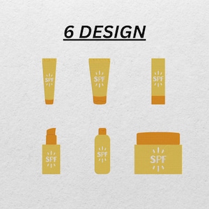 Pode incluir: Ilustração de seis designs diferentes de produtos de protetor solar SPF. Os produtos incluem tubos, frascos e um pote, todos em amarelo com detalhes em laranja. O texto "SPF" é impresso em cada recipiente.