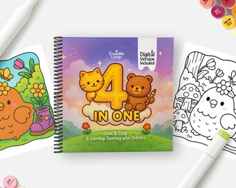 alcohol markers coloring book – 4-in-1 Cute & Cozy Coloring pages for Kids and Adults | Printable Kawaii Animal PDF | Instant Download