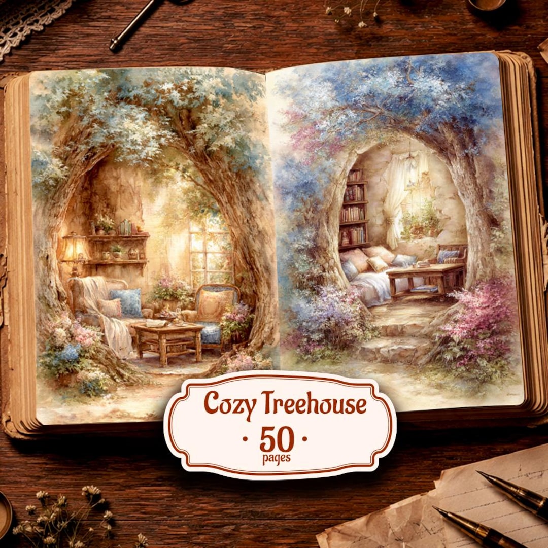 Cozy Treehouse Junk Journal Pages | Cottagecore Forest Interiors ...