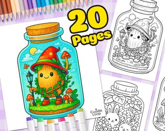 Libro para colorear Mundos de Frascos Kawaii: 20 adorables páginas en PDF para adultos y niños / Escenas de fantasía imprimibles y acogedoras / Descarga digital instantánea