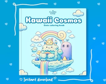 子供と大人のためのデジタルぬり絵：かわいいコスモス、20ページの心地よいかわいいページ、リラックスできる印刷可能なPDFの即時ダウンロード