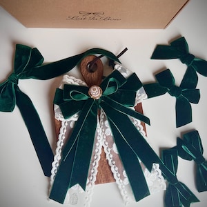 Handmade Green Velvet Lace Bow with Faux Cameo Rose, Long Tail