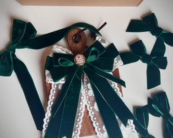 Handmade Green Velvet Lace Bow with Faux Cameo Rose, Long Tail