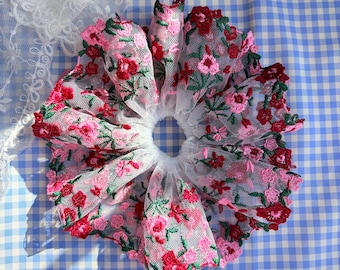 Handmade Oversized Vintage Inspired Embroidered Lace Scrunchie – Romantic Floral Hair Accessory