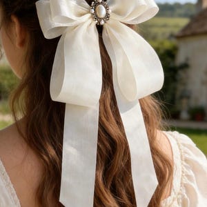 Handmade Ivory Sheer Organza Hair Bow with Vintage Faux Pearl Center | Bridal Hair Accessory | Elegant Long Tail Bow