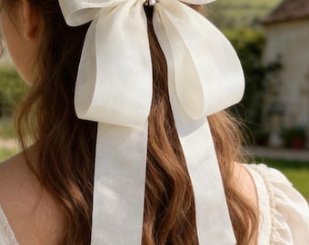 Handmade Ivory Sheer Organza Hair Bow with Vintage Faux Pearl Center | Bridal Hair Accessory | Elegant Long Tail Bow