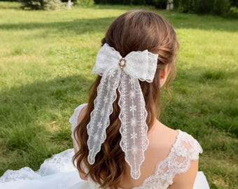 Handmade Large Embroidered Floral White Lace Bow – Oversized Vintage-Inspired Bridal and Romantic Hair Accessory