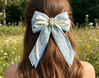 Handmade Embroidered Floral Lace Bow- Vintage Long Tail Hair Bow- Coquette Hair Accessory- Pearl or Cameo Center- Bridal Gift