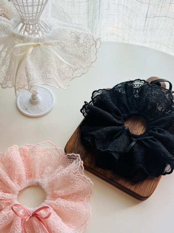 Pink, Black, and White Lace Hair Scrunchies Women Lace Hair Scrunchies Elastic Hair Bands Ponytail  main image 2