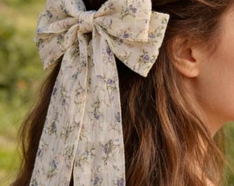 Handmade Floral Chiffon Hair Bow – Long Tail Romantic Cottagecore Hair Clip – Vintage Style Bow Accessory