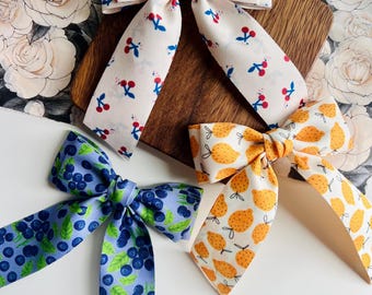 Handmade Fabric Fruity Floral Bow: Long Tail Hair Clip - Girl Birthday Gift