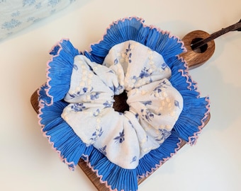 Handmade XL Oversized Embroidered Cotton Scrunchie with Frill Trim- Jumbo Elegant Scrunchie for Women and Girls